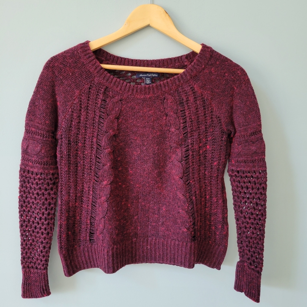 American Eagle burgundy wine open knit sweater with cable details